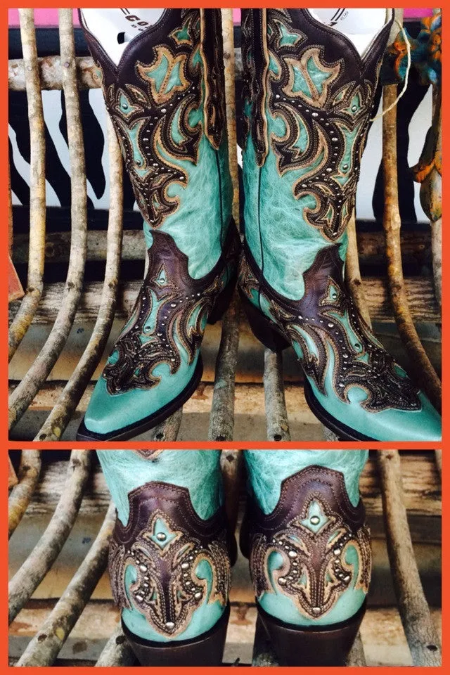 Corral Women's Turquoise Studded With Chocolate Overlay Snip Toe Boots - G1184 (PM)