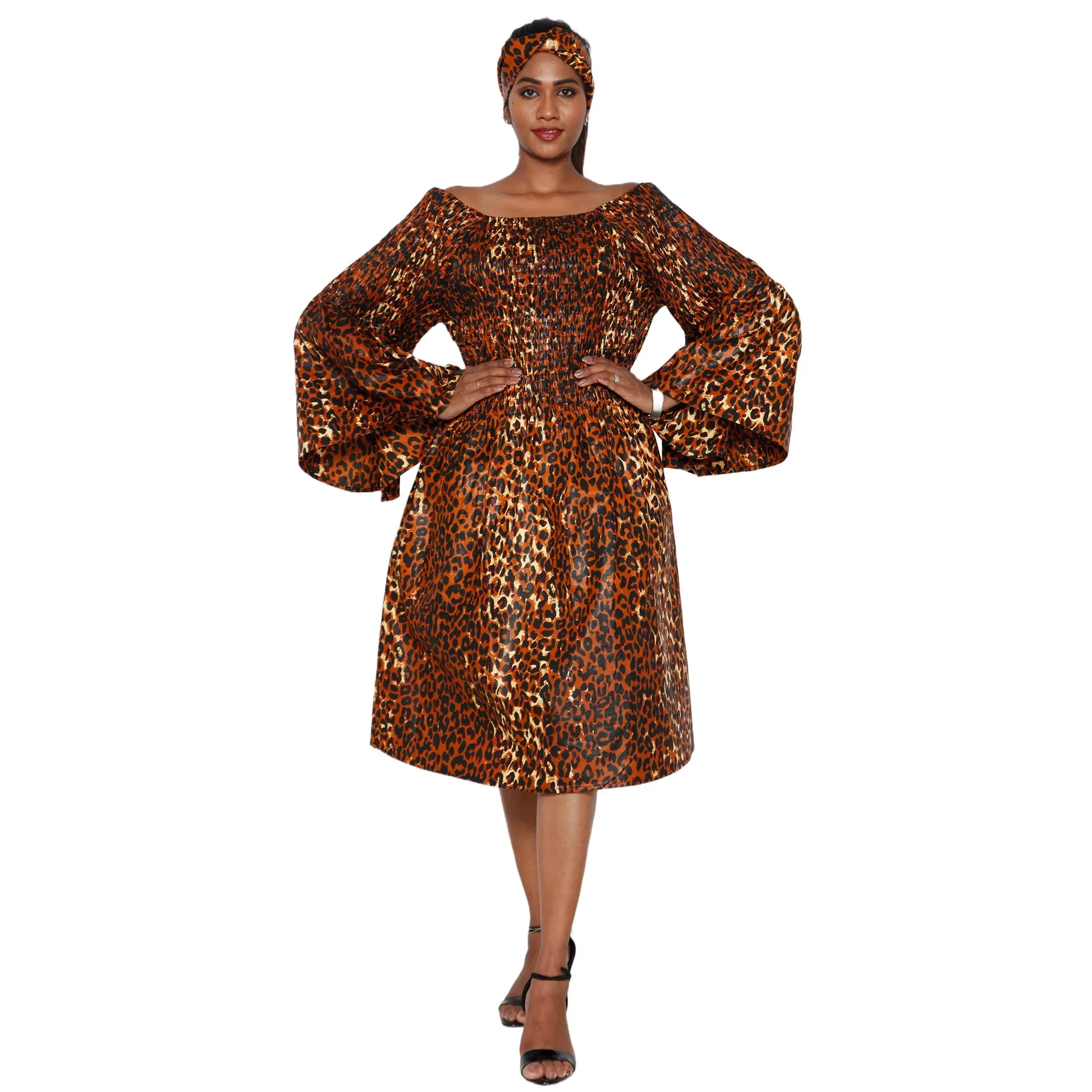 Women's Long Sleeve Smocking Short Dress with Bell Sleeves -- FI-50073